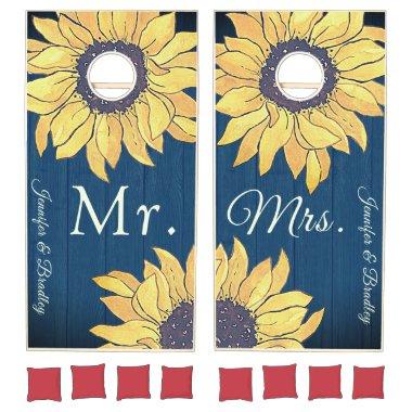 Mr. Mrs. Rustic Navy Blue Wood Yellow Sunflower Cornhole Set