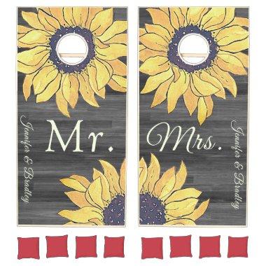 Mr Mrs Rustic Wedding Yellow Gray Sunflower Cornhole Set