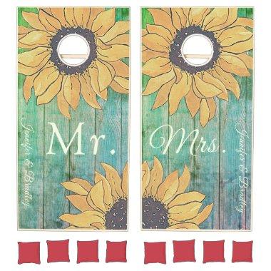 Mr. & Mrs. Rustic Wood BOHO Yellow Sunflower Cornhole Set