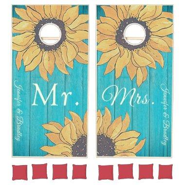 Mr. & Mrs. Rustic Wood Chic Yellow Sunflower Corn Cornhole Set