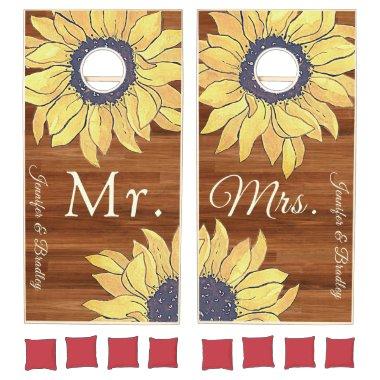 Mr. & Mrs. Rustic Wood Chic Yellow Sunflower Cornhole Set