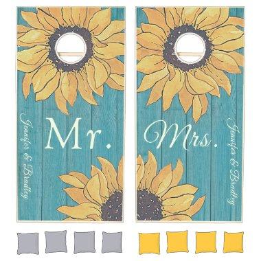 Mr Mrs Rustic Wood Dusty Blue Yellow Sunflower Cornhole Set