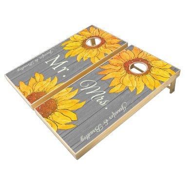 Mr Mrs Rustic Wood Gray Yellow Sunflower Cornhole Set