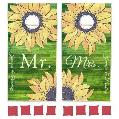 Mr. Mrs. Rustic Wood Wedding Yellow Sunflower Cornhole Set