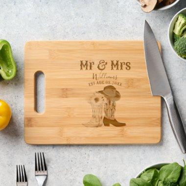 Mr Mrs Western Wedding Anniversary Family Name Est Engraved Cutting Board
