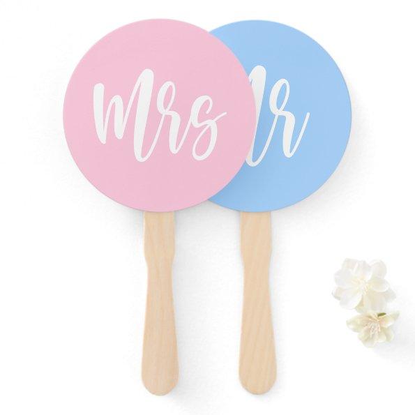 Mr or Mrs Pink Blue Bride Groom Wedding Game Hand Fan