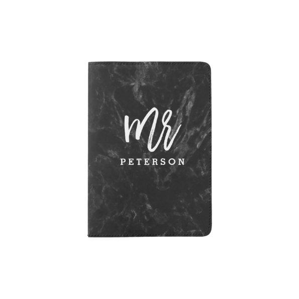 Mr passport white typography black marble passport holder