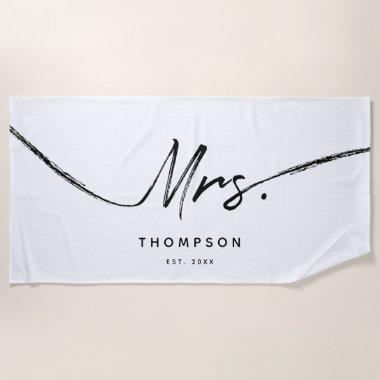 Mrs. Custom Modern Black White Minimalist Script Beach Towel