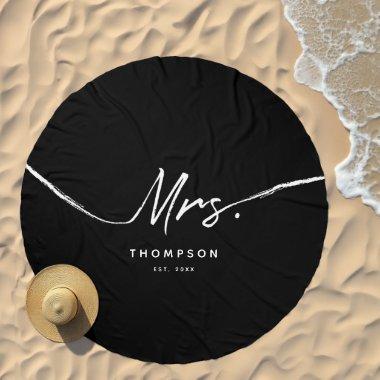 Mrs. Custom Modern Black White Minimalist Script Beach Towel
