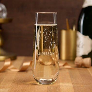 Mrs. Custom Name Bride Modern Script Etched Stemless Champagne Flute