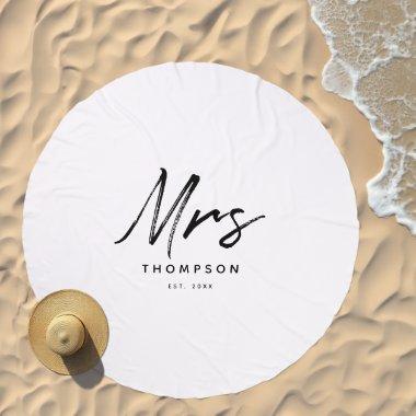 Mrs. Modern Black White Minimalist Script Beach Towel