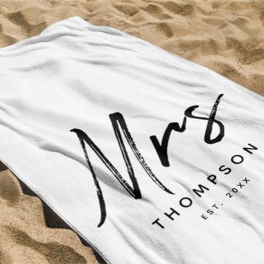 Mrs. Modern Black White Minimalist Script Beach Towel