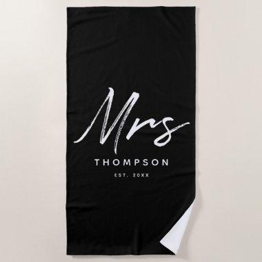 Mrs. Modern Black White Minimalist Script Beach Towel