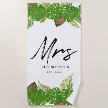 Mrs. Modern Tropical Leaves Minimalist Script  Beach Towel