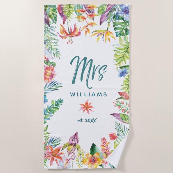 Mrs Newlywed Tropical Floral Watercolor Script Beach Towel