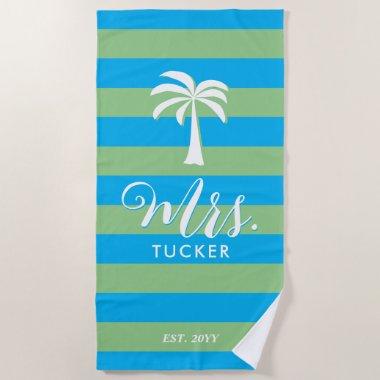 Mrs. Palm Tree Beachy Blue Green Wedding Gift Beach Towel