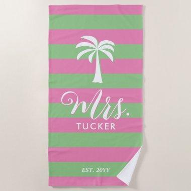 Mrs. Palm Tree Beachy Pink Green Wedding Gift Beach Towel