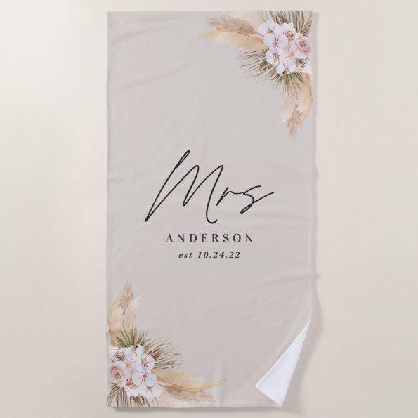 Mrs pampas dried botanical stylish wedding beach towel
