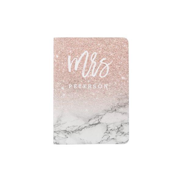 Mrs passport rose gold glitter white marble passport holder