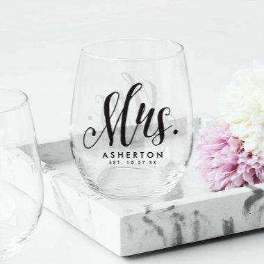 Mrs. script personalized newlywed bride stemless wine glass