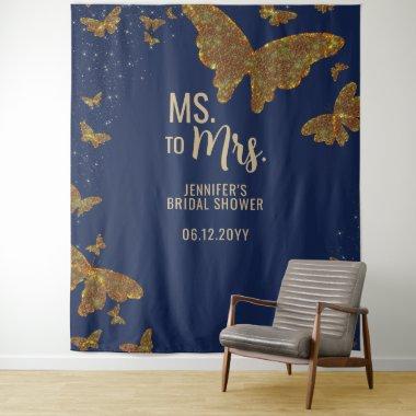 Ms Mrs Boho Gold Butterfly Navy Bridal Backdrop