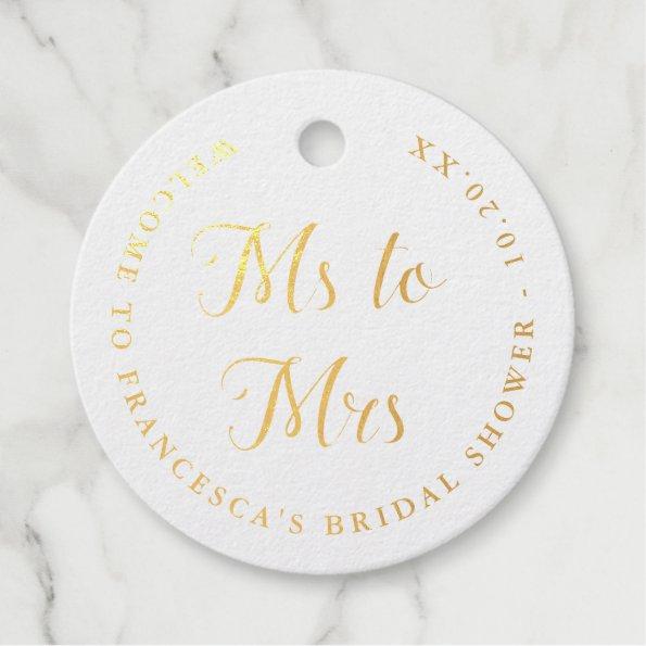 Ms to Mrs Elegant Script Gold Bridal Shower Foil Favor Tags