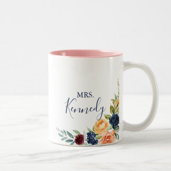 Multicolor Elegant Floral Mrs Newlywed Bride Two-Tone Coffee Mug