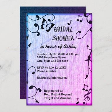 Music, Butterfly, Leaves Blue Purple Bridal Shower Invitations