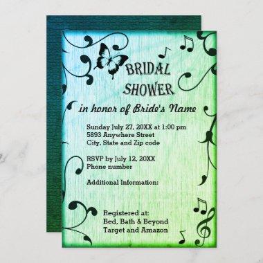 Music, Butterfly, Leaves, Green Bridal Shower Invitations