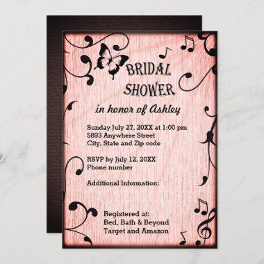 Music, Butterfly, Leaves Pink Wood Bridal Shower Invitations