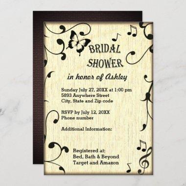 Music, Butterfly, Leaves Tan Wood Bridal Shower Invitations