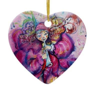 MUSICAL PINK CLOWN Heart Ceramic Ornament