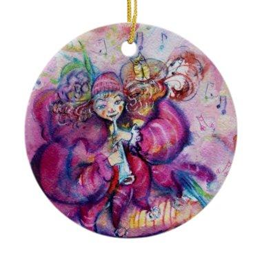 MUSICAL PINK CLOWN WITH OWL CERAMIC ORNAMENT