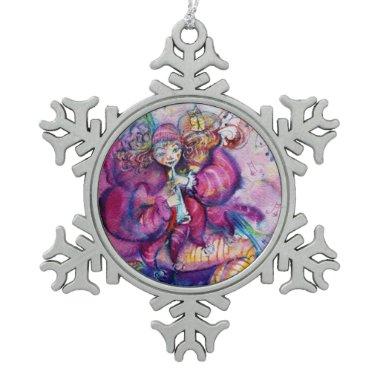 MUSICAL PINK CLOWN WITH OWL SNOWFLAKE PEWTER CHRISTMAS ORNAMENT
