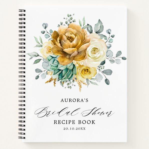 Mustard Yellow Floral Sage Bridal Shower Recipe Notebook