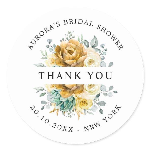 Mustard Yellow Floral Sage Bridal Shower Thank You Classic Round Sticker