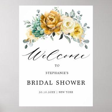 Mustard Yellow Floral Sage Bridal Shower Welcome Poster
