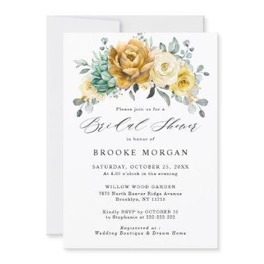 Mustard Yellow Floral Sage Greenery Bridal Shower Invitations