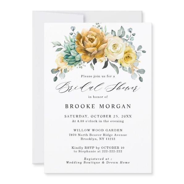 Mustard Yellow Floral Sage Greenery Bridal Shower Invitations