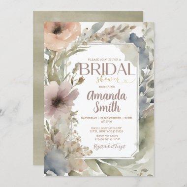 Muted Neutral Wildflowers Bridal Shower Watercolor Invitations