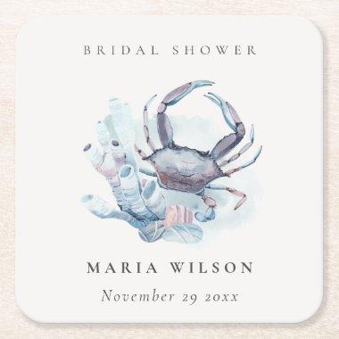 Muted Underwater Crab Coral Nautical Bridal Shower Square Paper Coaster
