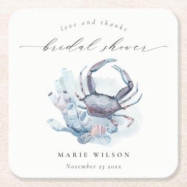 Muted Underwater Crab Coral Nautical Bridal Shower Square Paper Coaster