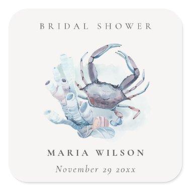 Muted Underwater Crab Coral Nautical Bridal Shower Square Sticker