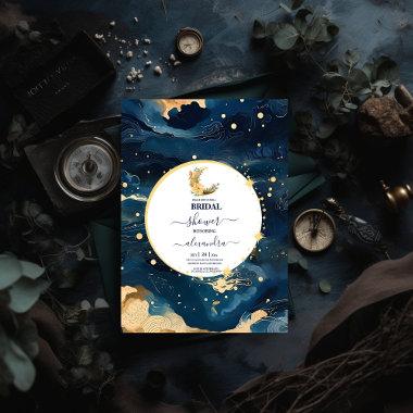 Mystic Midnight Blue and Gold Watercolor Bridal Invitations