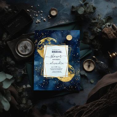 Mystic Midnight Blue and Gold Watercolor Bridal Invitations