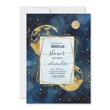 Mystic Midnight Blue and Gold Watercolor Bridal Invitations