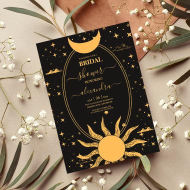 Mystical Black and Gold Sun Moon Bridal Invitations