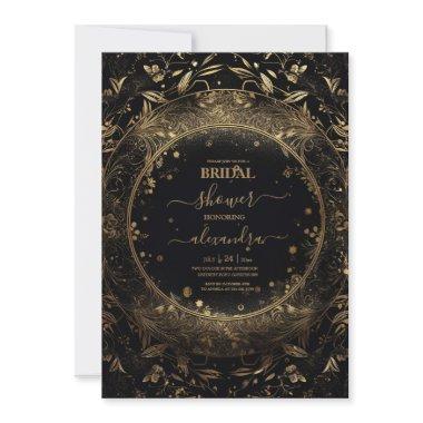 Mystical Black Gold Celestial Stars Bridal Shower Invitations