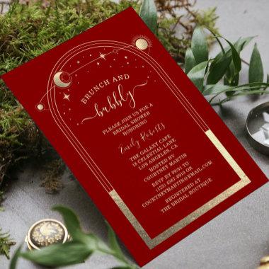 Mystical Dark Red Gold Celestial Bridal Shower Invitations