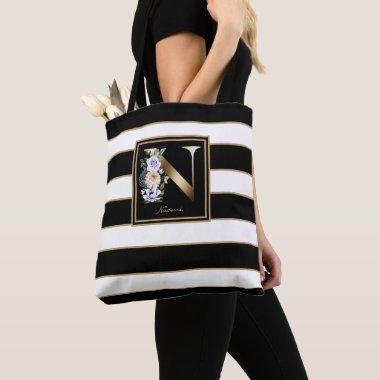 N Gold Floral Monogram | Black White Gold Stripes Tote Bag